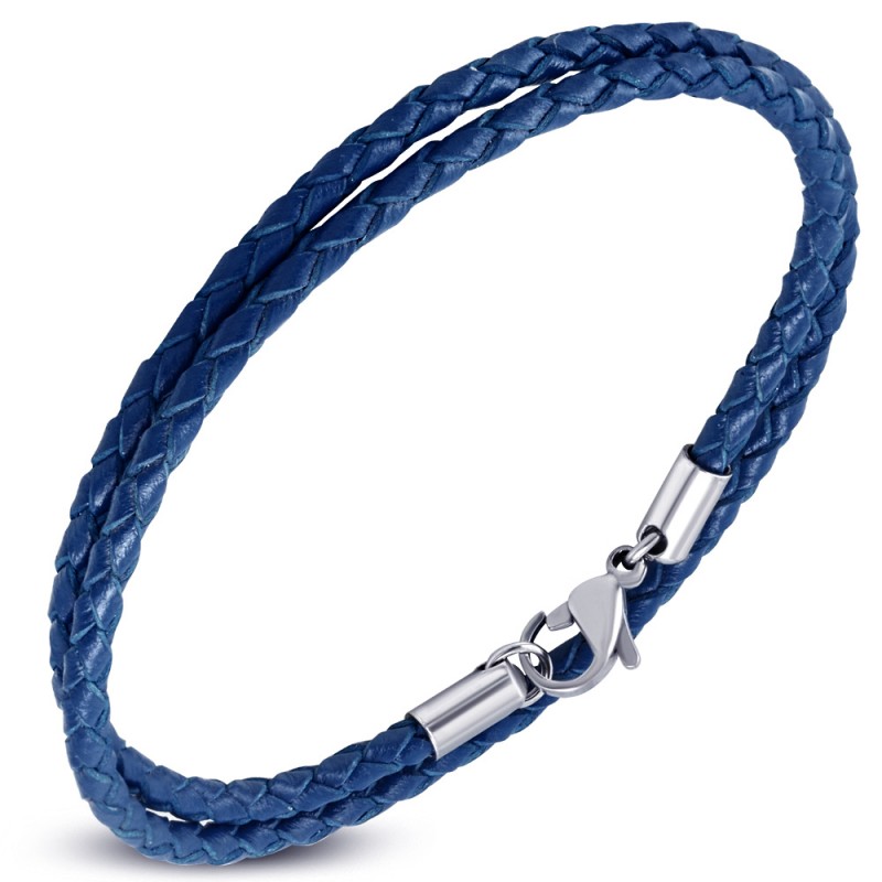 Bracelet jonc multirangs homme - Cuir bleu canard & Fermoir métal TAILLE L